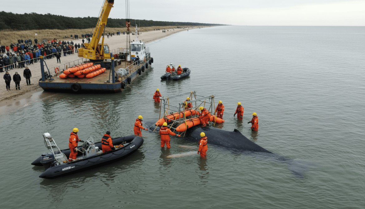 Humpback whale rescue operation begins off Poel as teams construct pontoon cradle