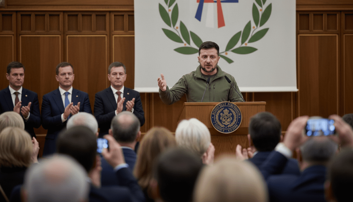 Zelensky calls Putin global threat as Roosevelt Foundation honors Ukraine