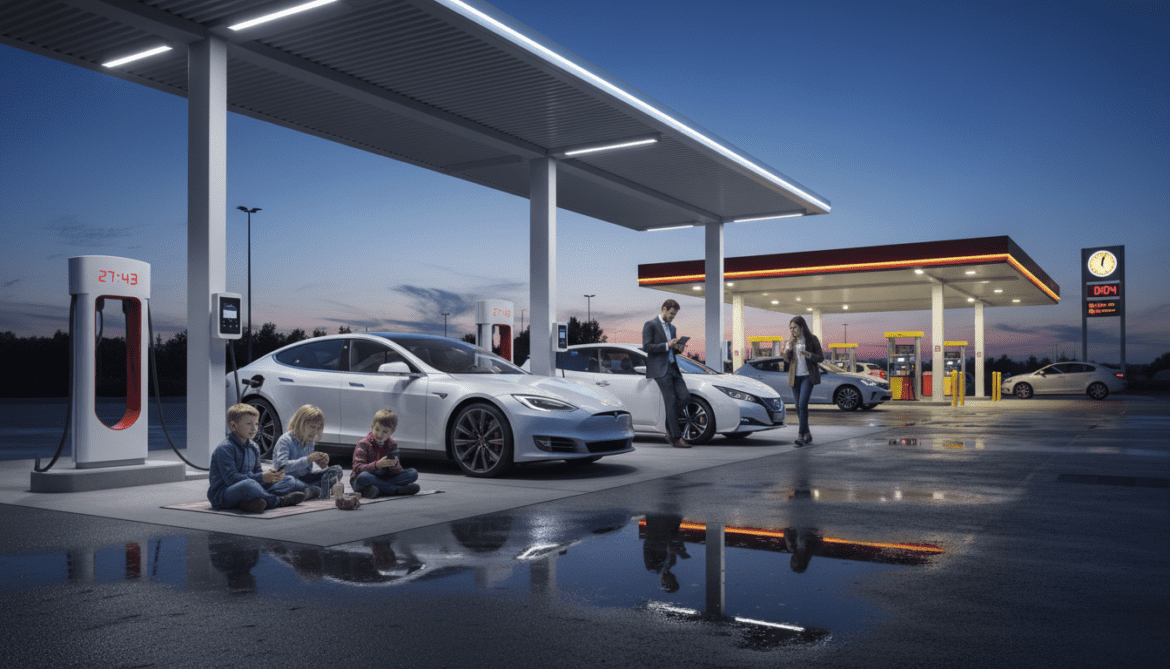 Electric vehicle charging still requires 20–30 minutes versus five-minute refuels
