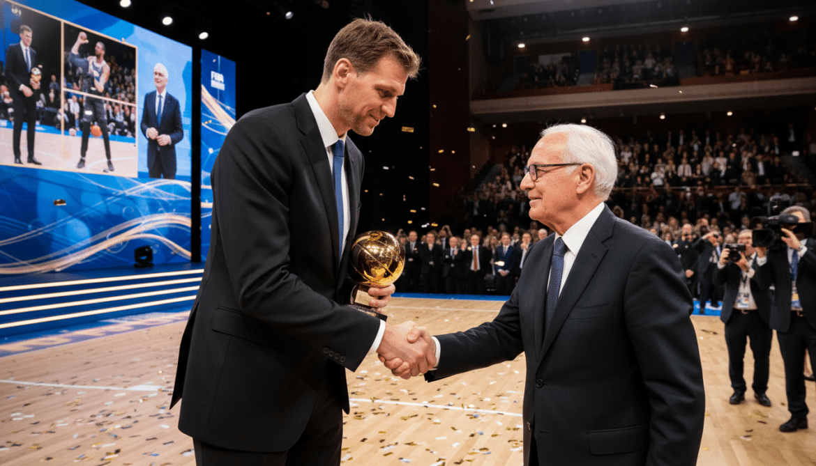 Dirk Nowitzki thanks mentor Holger Geschwindner during FIBA Hall of Fame ceremony