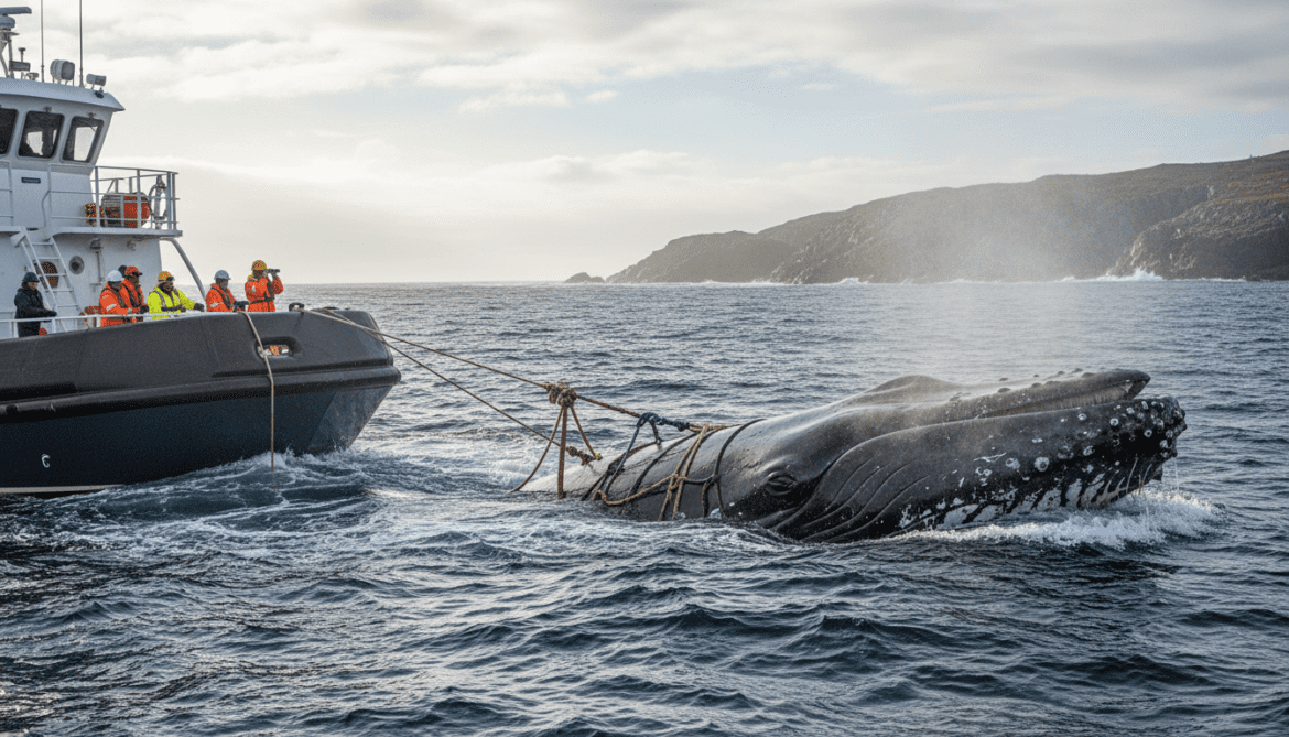 Humpback whale Timmy begins singing during rescue tow to North Atlantic