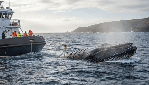 Humpback whale Timmy begins singing during rescue tow to North Atlantic