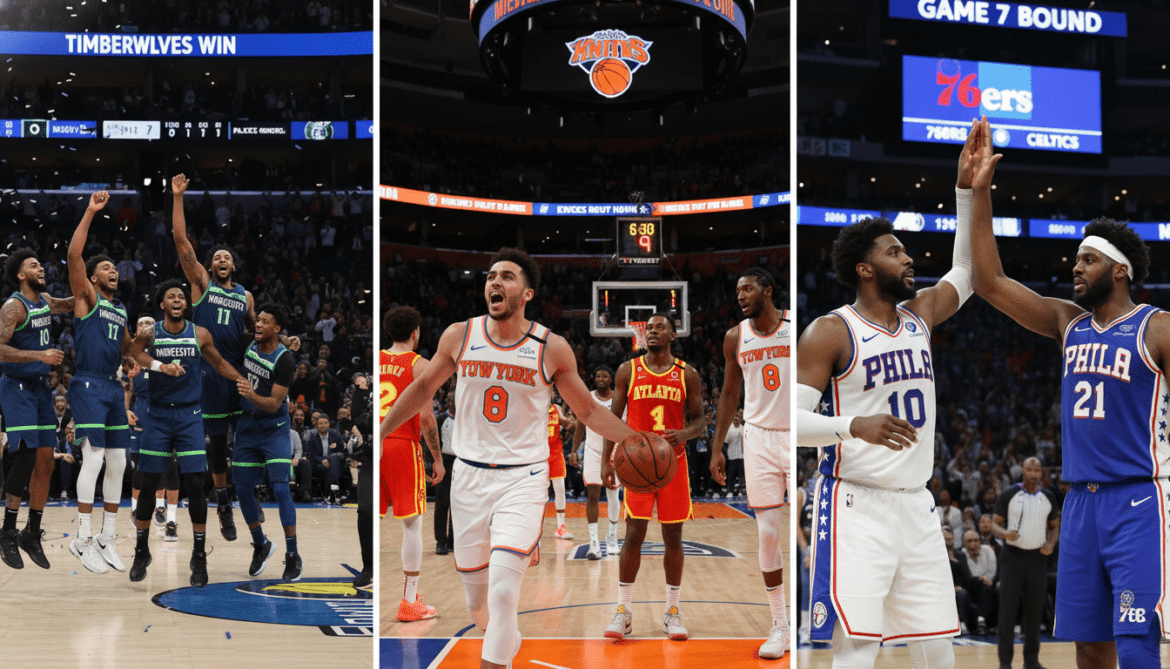 Timberwolves upset Nuggets, Knicks rout Hawks as Sixers force Game 7