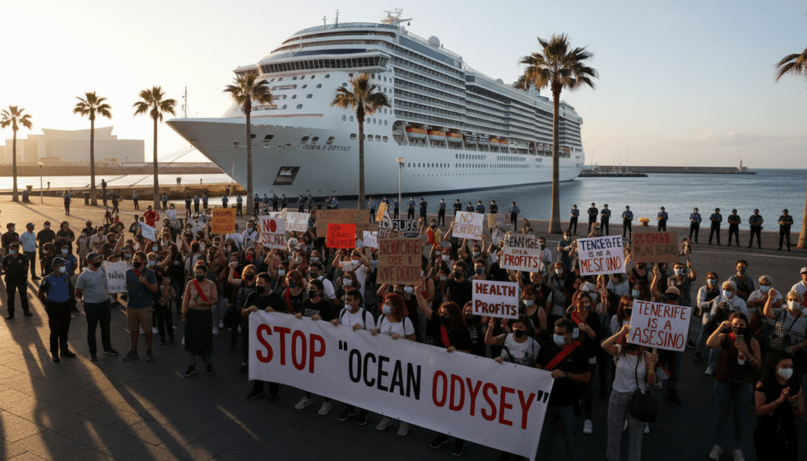 Tenerife protesters oppose arrival of cruise ship linked to deadly hantavirus