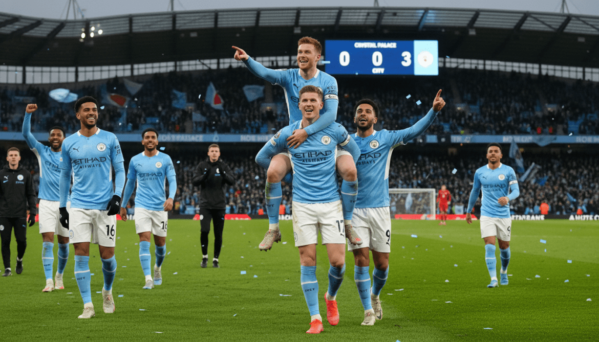 Manchester City beats Crystal Palace 3-0, edges to within two points of Arsenal