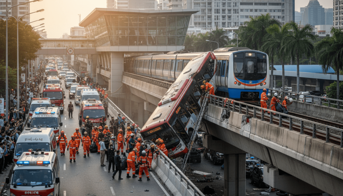 Bangkok train collides with public bus near airport rail link, at least eight dead