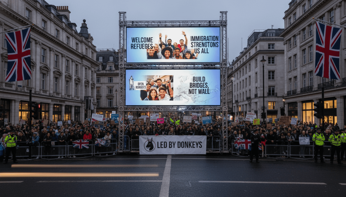 Led By Donkeys screens pro-immigration messages at Unite the Kingdom march
