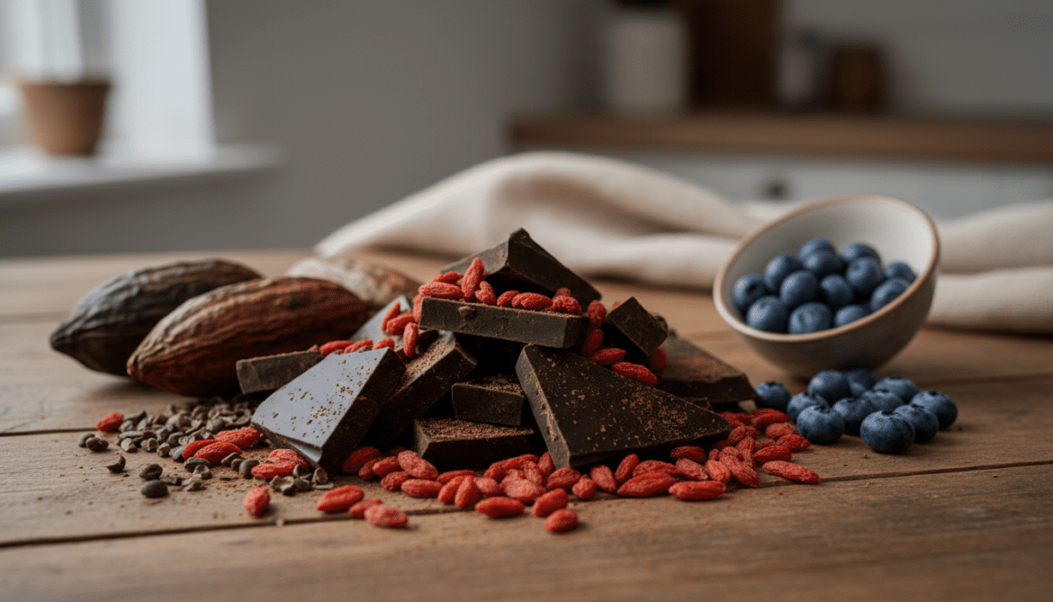Foods higher in antioxidants than blueberries feature dark chocolate and goji berries