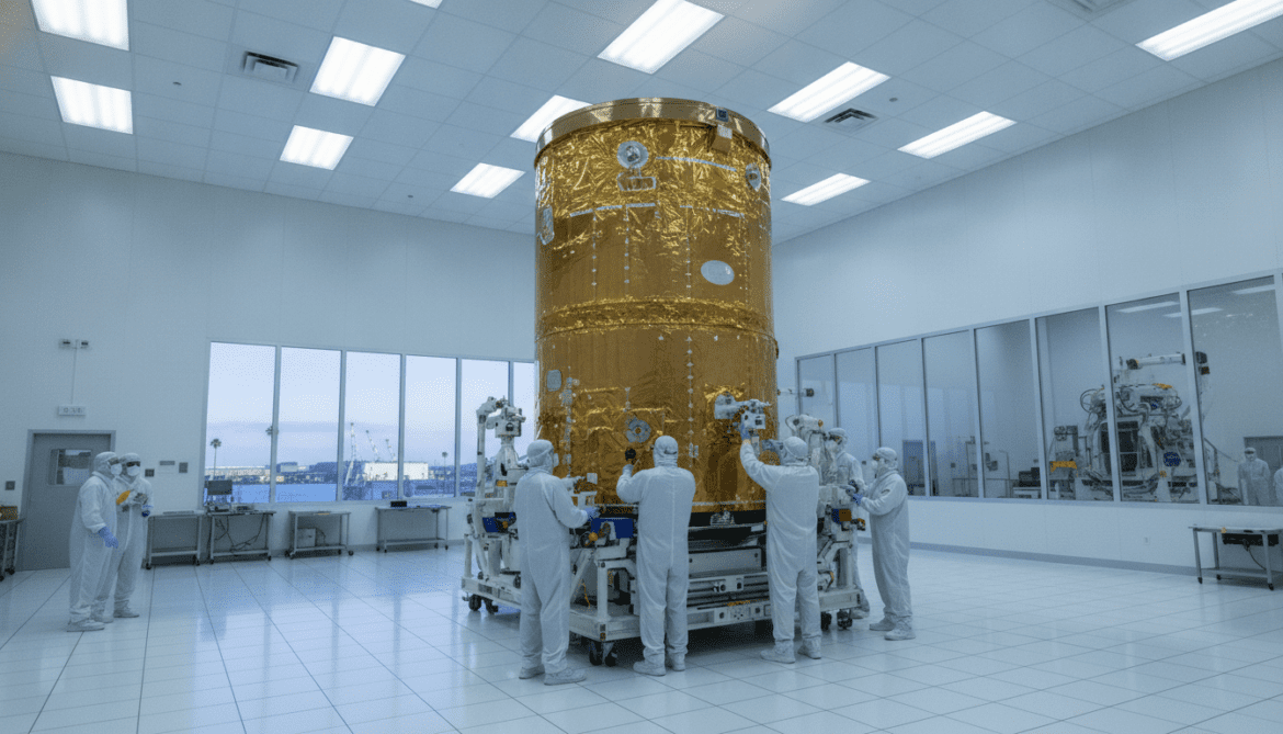 Rocket Lab Readies Golden Multimillion-Dollar Satellite in Long Beach Cleanroom