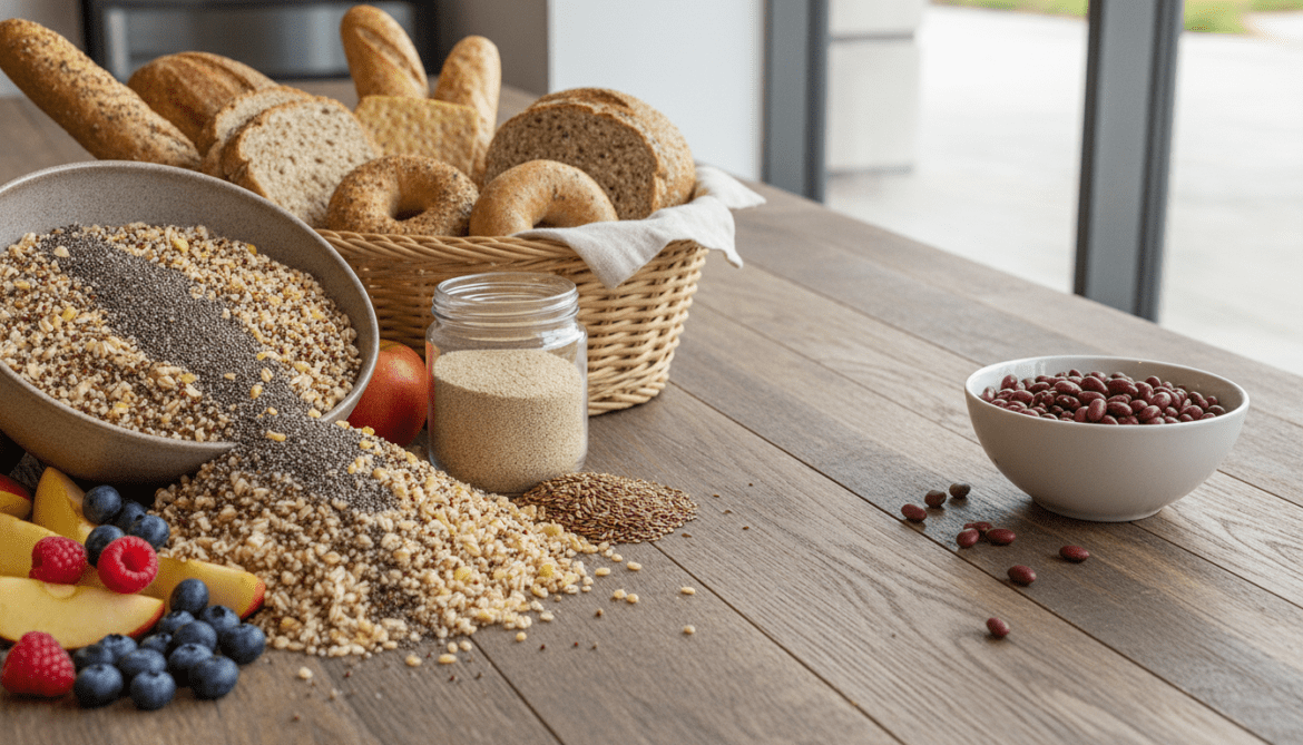 High-fiber foods outperform beans, featuring whole grains, chia seeds