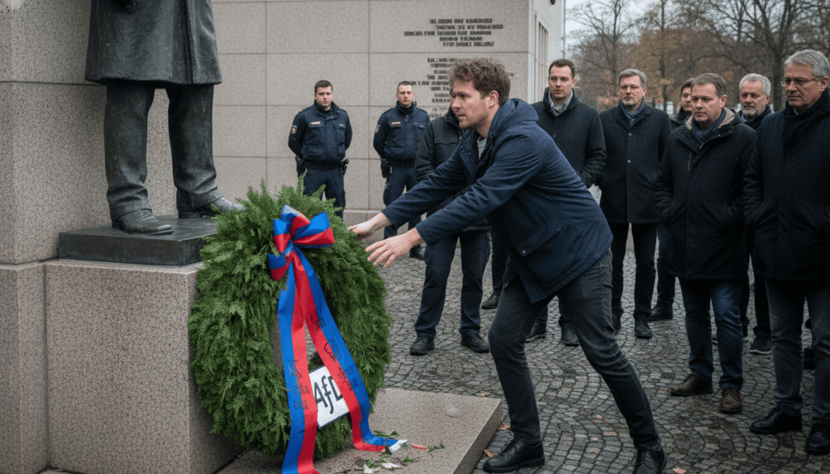 Tobias Korenke attempts to remove AfD wreath at Stauffenberg memorial