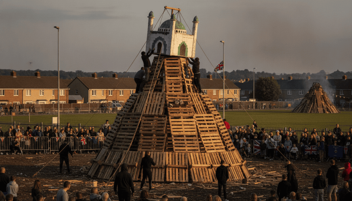 Northern Ireland loyalists place replica mosque atop bonfire ahead of parades