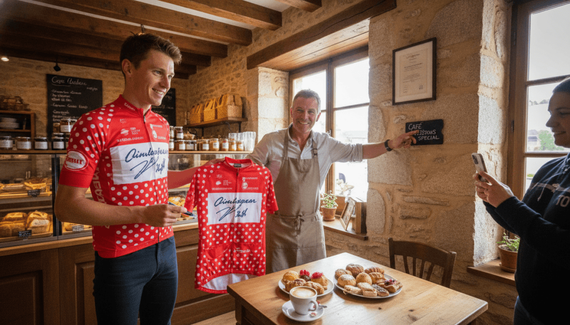 Jonas Vingegaard seeks Égletons coffee and cake tip, offers signed polka-dot jersey