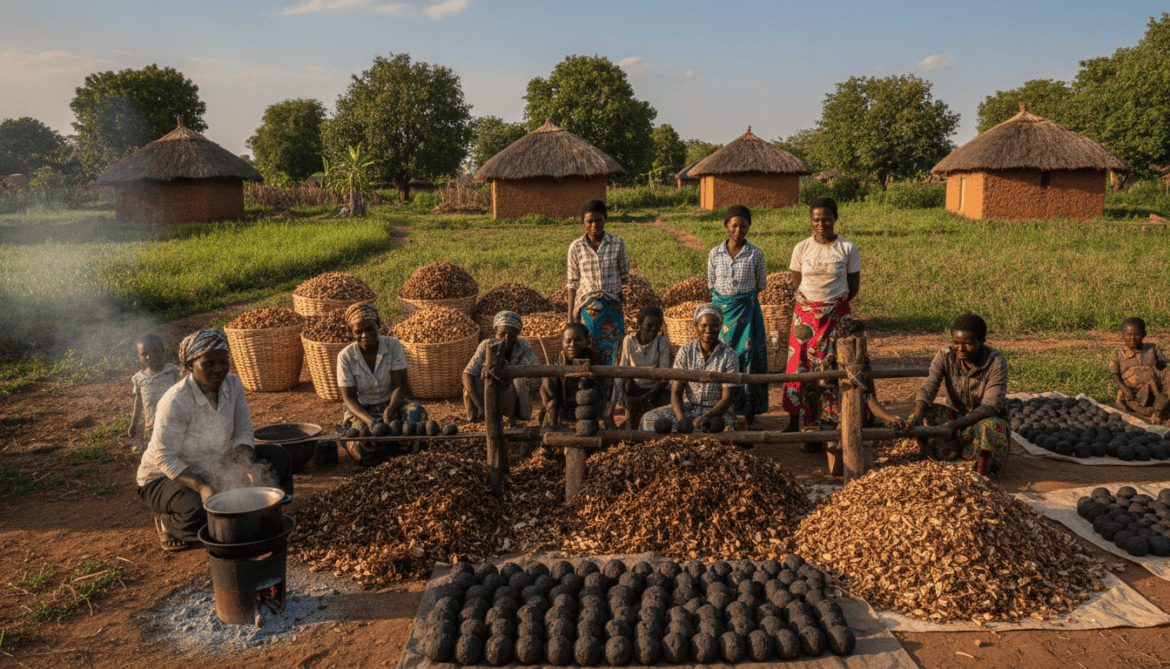 Shea briquettes initiative in Uganda converts husks into clean cooking fuel