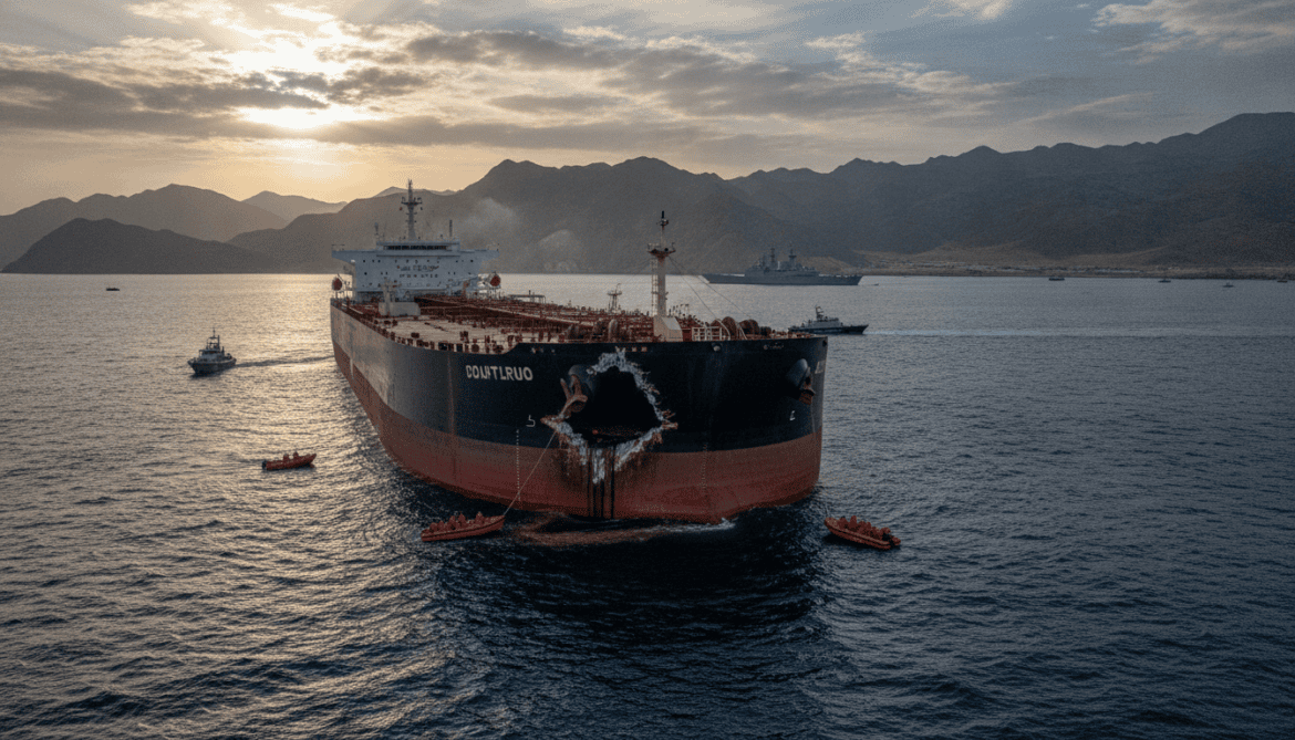 Tanker struck by unknown projectile off Khasab Oman crew safe