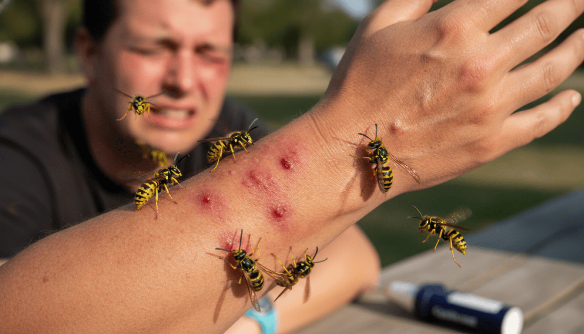 Yellow jacket stings cause intense pain, swelling, and risk of anaphylaxis