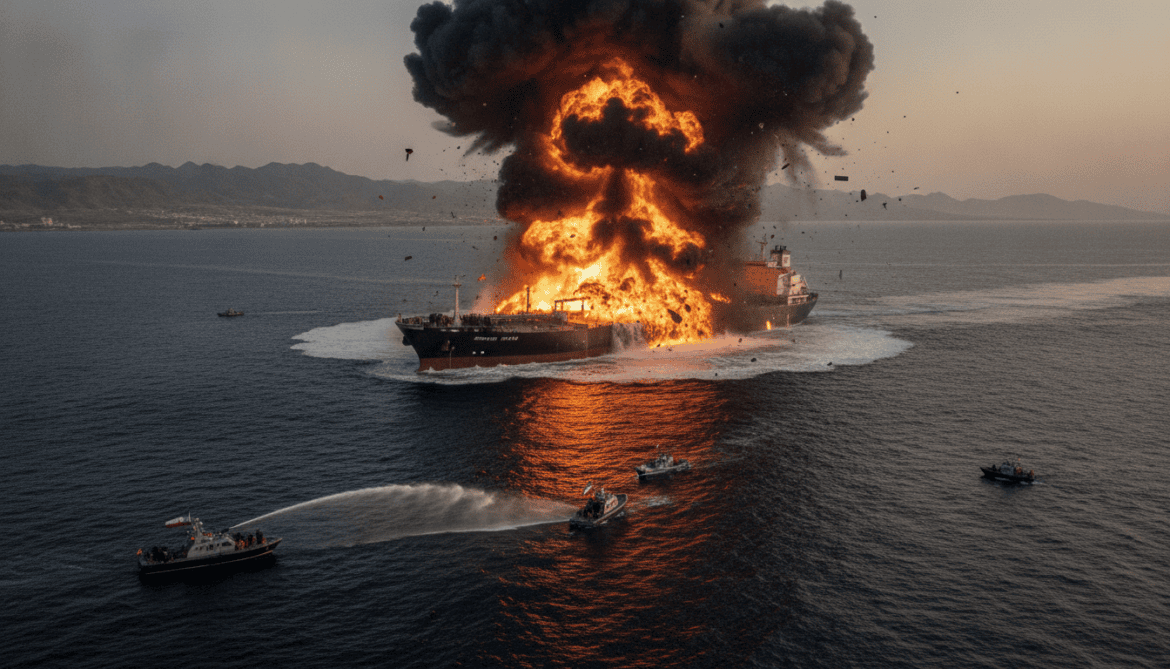 Oil tanker explodes after striking naval mine in Strait of Hormuz, Iranian media reports